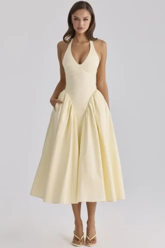 Marilyn Lemon Cotton Halter Neck Midi Sundress