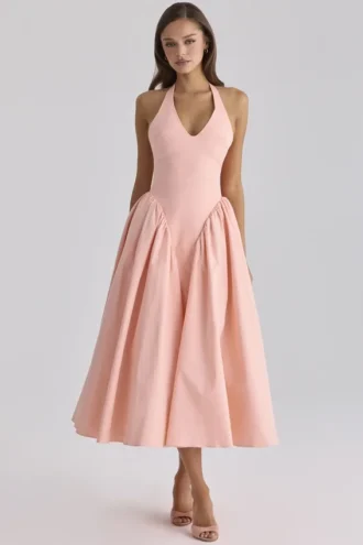 Marilyn Peach Cotton Halter Neck Midi Sundress