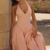 Marilyn Peach Cotton Halter Neck Midi Sundress