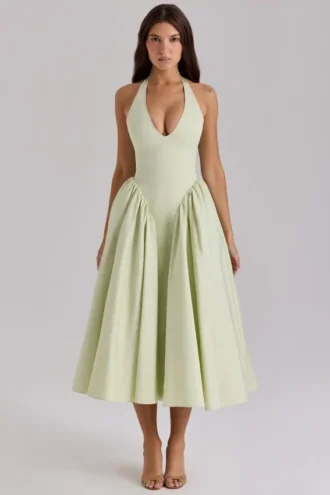 Marilyn Pistachio Cotton Halter Midi Sundress
