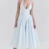 Marilyn Soft Blue Cotton Twill Halter Midi Sundress
