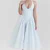 Marilyn Soft Blue Cotton Twill Halter Midi Sundress