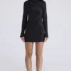 Mariska Black Satin Long Sleeve Backless Mini Dress