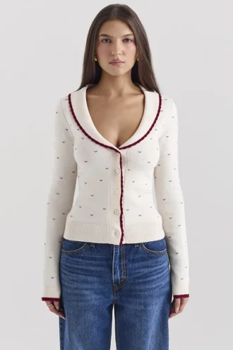 Marla Ivory Cashmere Blend Trimmed Cardigan