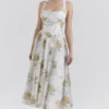 Minerva Soft Blue Vintage Ribbon Print Chiffon Midi Dress