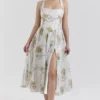 Minerva Soft Blue Vintage Ribbon Print Chiffon Midi Dress