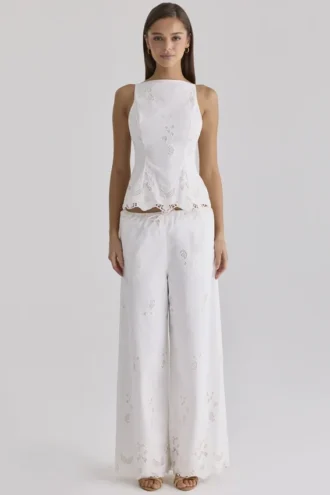 Mirea White Cotton Broderie Anglaise Wide Leg Trousers