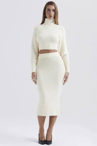 Mishka Cream Soft Boucle Knit Midi Skirt