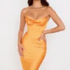 Myrna Tangerine Satin Corset Midi Dress