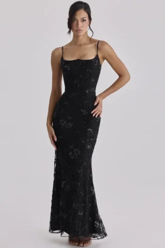 Naima Black Hand Beaded Embellished Corset Maxi Dress – Limited Edition