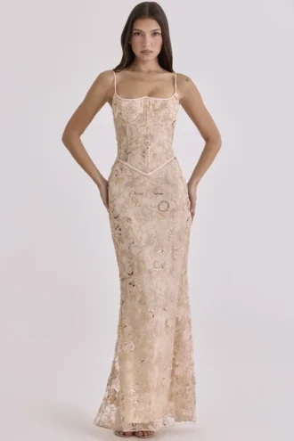 Naima Peach Hand Beaded Embellished Corset Maxi Dress – Limited Edition