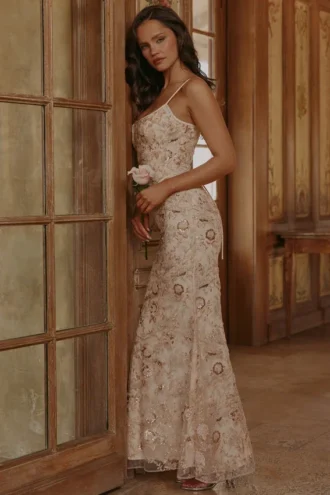 Naima Peach Hand Beaded Embellished Corset Maxi Dress – Limited Edition