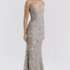 Naima Silver Embellished Beaded Corset Maxi Dress