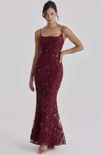 Naima Wine Hand Beaded Embellished Corset Maxi Dress – Limited Edition