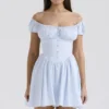 Nala Soft Blue Cotton Gathered Mini Dress