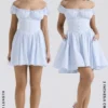 Nala Soft Blue Cotton Gathered Mini Dress