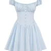 Nala Soft Blue Cotton Gathered Mini Dress