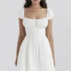 Nala White Cotton Gathered Mini Dress
