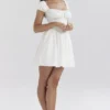 Nala White Cotton Gathered Mini Dress
