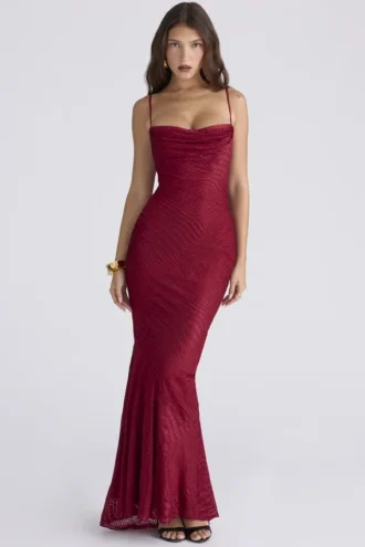Nalani Deep Red Devoré Satin Maxi Gown – Limited Edition