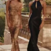 Nalani Gold Patterned Satin Maxi Dress – Limited Edition
