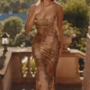 Nalani Gold Patterned Satin Maxi Dress – Limited Edition