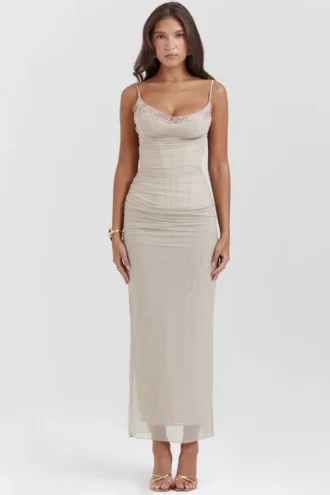 Nalini Sand Stretch Mesh Maxi Dress