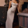 Nalini Sand Stretch Mesh Maxi Dress