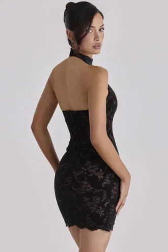 Natalya Black Lace High Neck Mini Dress With Detachable Bow