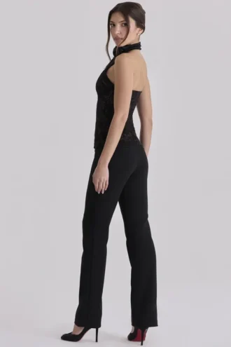 Natalya Black Lace High Neck Top With Detachable Bow
