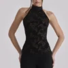Natalya Black Lace High Neck Top With Detachable Bow