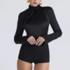 Neneh Black Satin High Neck Long Sleeve Bodysuit