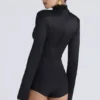 Neneh Black Satin High Neck Long Sleeve Bodysuit
