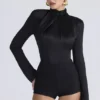 Neneh Black Satin High Neck Long Sleeve Bodysuit