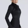 Neneh Black Satin High Neck Long Sleeve Bodysuit
