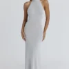 Nova Silver Grey Halter Neck Backless Maxi Dress