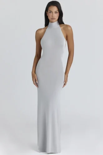 Nova Silver Grey Halter Neck Backless Maxi Dress
