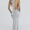 Nova Silver Grey Halter Neck Backless Maxi Dress