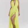 Olessia Acid Lime Backless Halter Maxi Dress