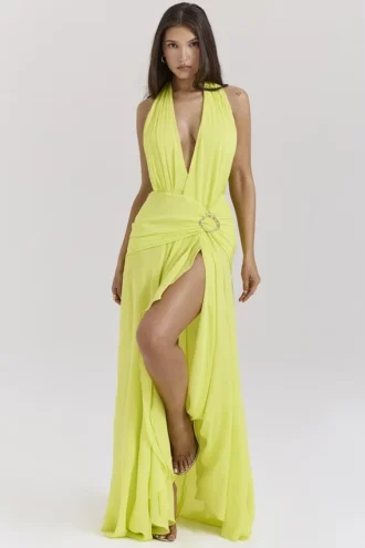 Olessia Acid Lime Backless Halter Maxi Dress