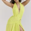 Olessia Acid Lime Backless Halter Maxi Dress