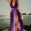 Olessia Orchid Backless Halter Maxi Dress