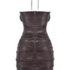 Olivia Bitter Chocolate Vegan Leather Mini Dress