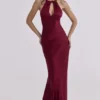 Oliviana Wine Satin Halter Maxi Dress