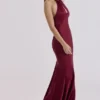 Oliviana Wine Satin Halter Maxi Dress