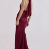 Oliviana Wine Satin Halter Maxi Dress