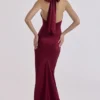 Oliviana Wine Satin Halter Maxi Dress