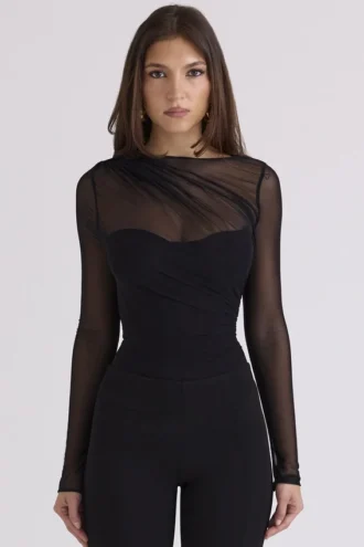 Orelia Black Draped Mesh Bodysuit