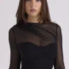 Orelia Black Draped Mesh Bodysuit
