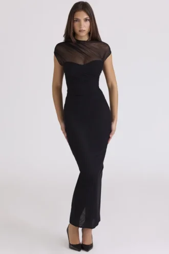 Orelia Black Draped Mesh Maxi Dress